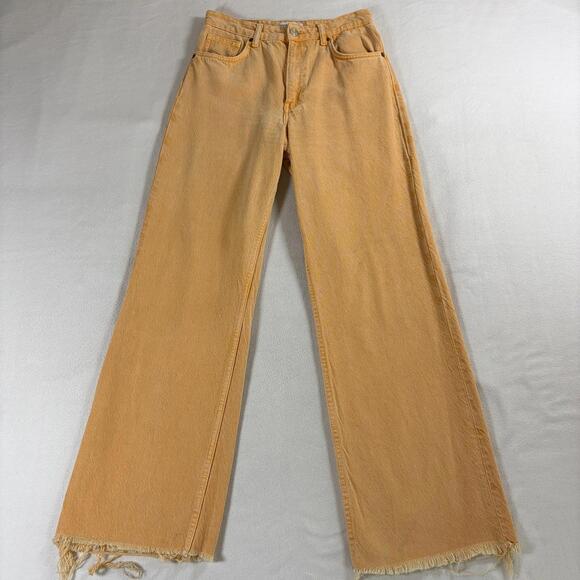 Zara Denim - ZARA Wide Leg Jeans Orange Tag 28 High Rise Raw Hem Cropped Straight